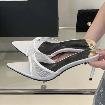 Xajzpa Summer Street Style Design Breathable Women Slippers Sexy Pointed Toe Thin High Heels Banquet Prom Mesh Shoes